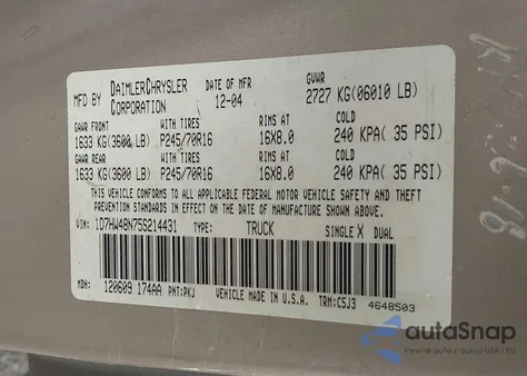 2005 Dodge Dakota Slt z USA, uszkodzony, nr VIN 1D7HW48N75S214431